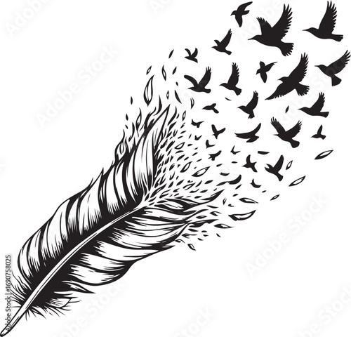 A Feather Transforms into a Flock of Birds Taking Flight Symbolizing Freedom and Transformation