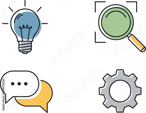 Four icons lightbulb magnifying glass chat bubbles and gear representing ideas search communication and settings vector