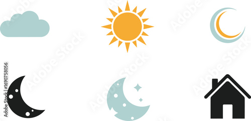 Diverse weather and celestial icons representing day night cycles and astronomy vector