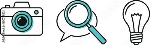 Camera magnifying glass and light bulb icons representing photography research and ideas vector