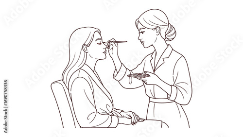 Elegant sketch of a professional makeup artist applying cosmetics to a client s face with a brush and palette