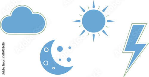 Weather icons featuring cloud moon sun and lightning bolt for forecasts and meteorology vector
