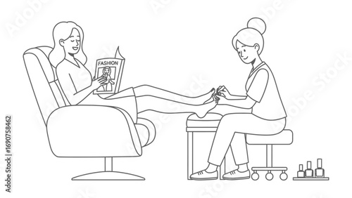Line drawing illustration of a person receiving a pedicure at a nail salon with a technician applying polish