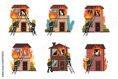cartoon firefighter rescue illustration, saving cat from burning building, emergency ladder scene, flames, smoke, heroic action moment