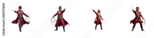Set of Circus ringmasters in red costumes isolated on transparent background