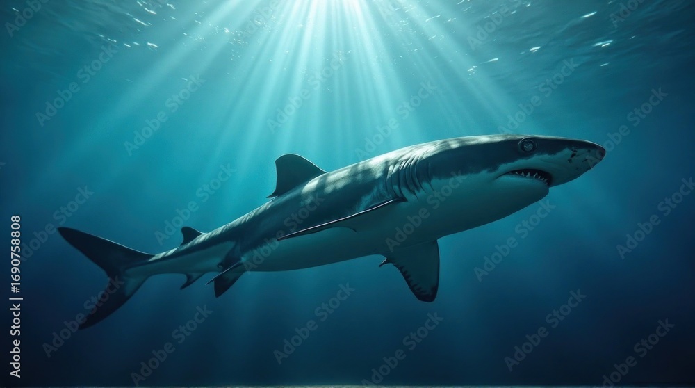 Fototapeta premium Shark swimming in blue ocean water with sunbeams
