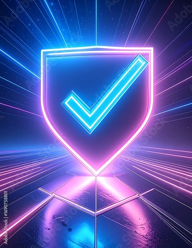 Neon shield with checkmark on a platform