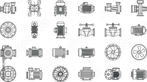 Mechanical components vector set — electric motors, pumps, fans, valves, flanges, and couplings in schematic line style for industrial systems