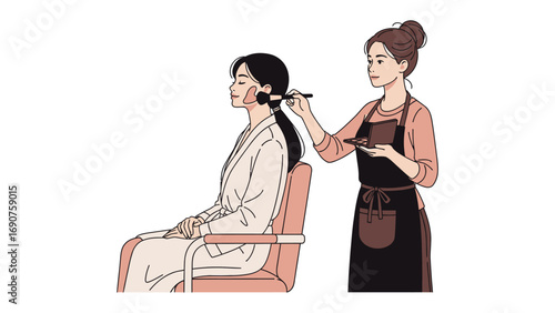 Young woman sitting in a chair while a hairstylist combs her long dark hair in a salon setting