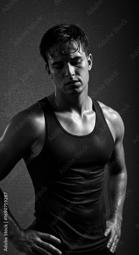 Fototapeta premium Muscular man with wet skin in a black tank top