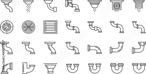 Plumbing pipe fittings and fixtures icon set — black line vector illustration for construction, drainage, water systems, and technical schematics