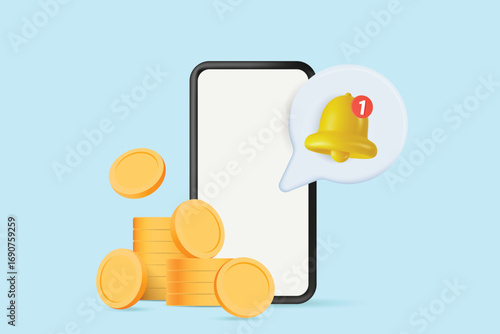 Mobile Payment Notification with Coins. 3D Illustration