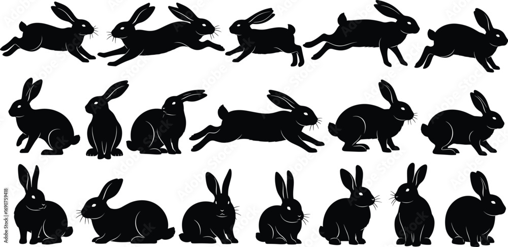 Fototapeta premium PrintRabbit silhouette set showing various poses including sitting, running, leaping, grooming, and crouching for animal motion illustration