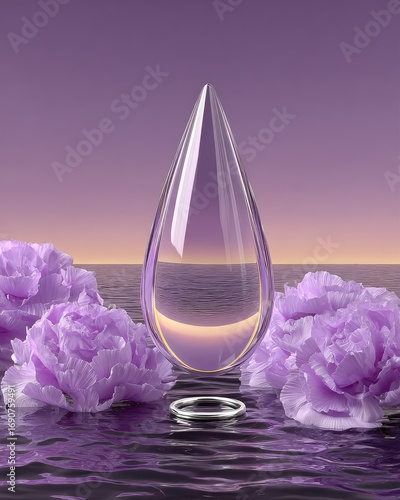 Serene, teardrop-shaped object, surrounded by purple flowers on a purple surface