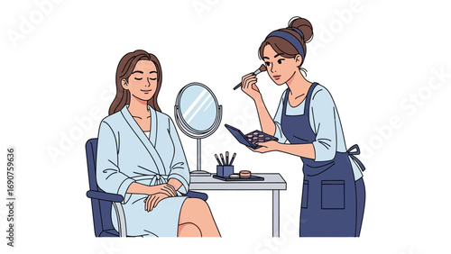 Young woman in a robe receiving makeup application from a professional artist at a vanity table with a mirror