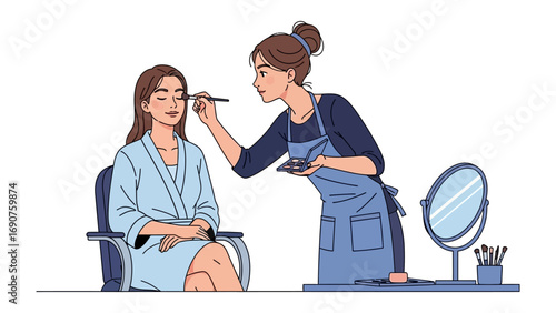 Professional makeup artist applying cosmetics to a seated woman wearing a robe in a beauty salon setting