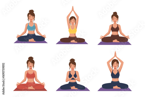 cartoon yoga poses illustration, seated meditation, cross-legged woman, mudra gestures, wellness practice, calm lifestyle, mindfulness artwork