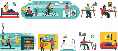 Daily Routine Activities Vector Set Featuring People Working, Exercising, Relaxing, Shopping, Meditating, and Socializing in Colorful Lifestyle Scenes