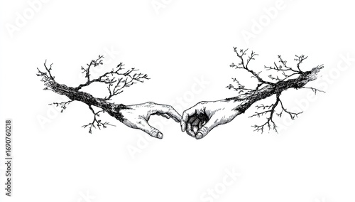 Two hands reaching, intertwined with tree branches