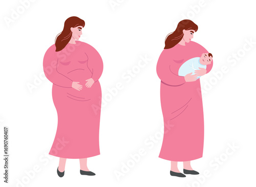 Pregnant woman expecting a child and young mother with a baby in her arms. Vector graphics.