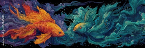Two colorful fish in swirling cosmic nebulae