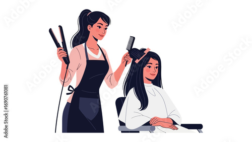Professional hairstylist using a flat iron to style a client s long dark hair in a salon setting with white background