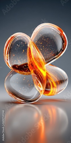 Abstract glass sculpture, swirling orange within clear, reflecting light