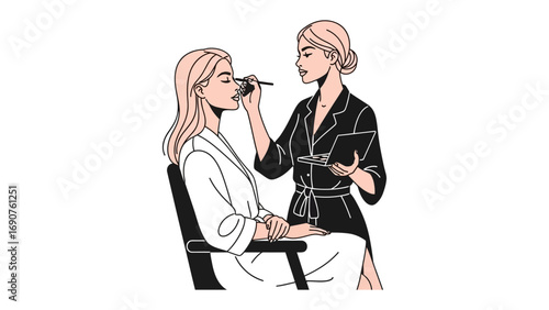 Professional makeup artist applying cosmetic makeup to a client s face with a brush in a beauty salon setting