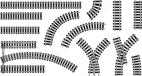 Black Model Train Track Vector Set Featuring Straight, Curved, Switch, and Crossover Pieces for Railway Layout and Hobby Design