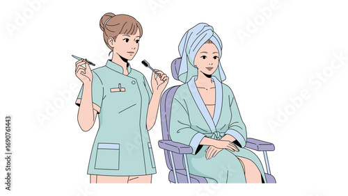 Young woman in a spa robe and towel receiving makeup application from a professional artist with brushes