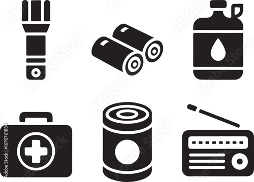 Black Icons of Survival Gear Flashlight Batteries First Aid Kit Can Radio Keywords: flashlight