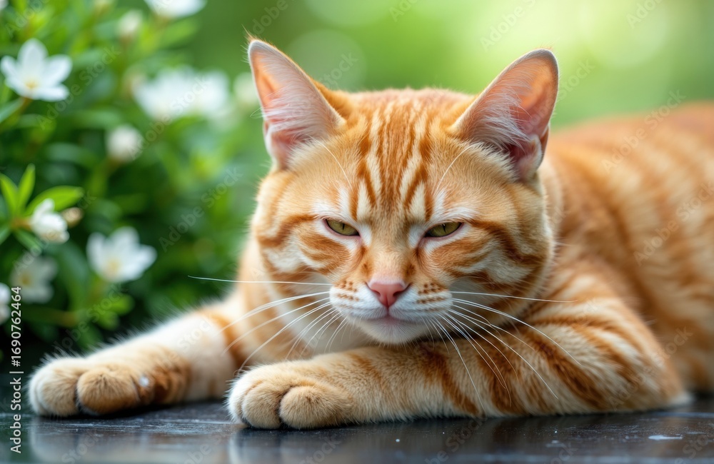 Fototapeta premium Relaxed orange tabby cat lying outdoors on a dark surface with greenery in the background
