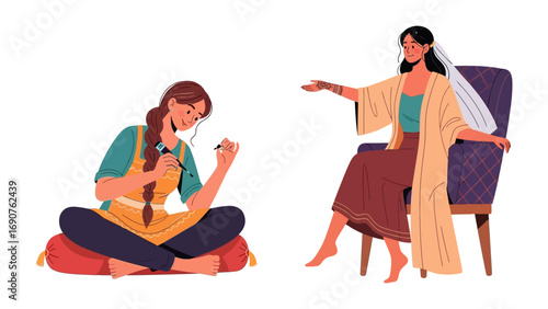 Two young women enjoying a relaxing moment together with one playing a stringed instrument and the other holding a drink