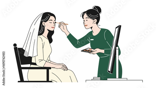 Professional makeup artist applying makeup to a bride wearing a veil in a salon setting with a mirror reflection