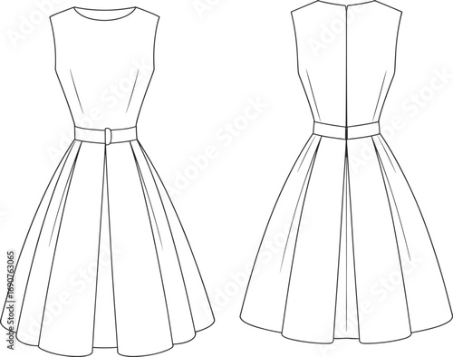 CAD drawing flat vector illustration of sleeveless flared dress with belt, women’s fashion sketch, elegant outfit design, apparel template