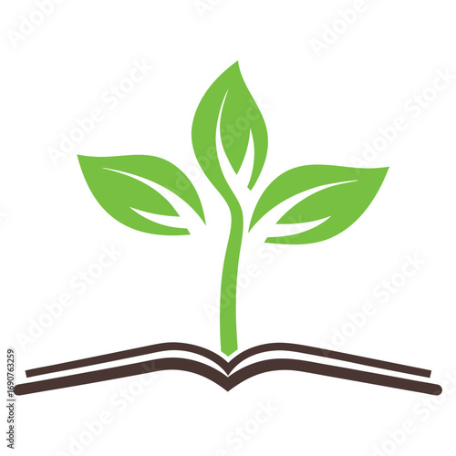 Green plant growing from open brown book on white background vector