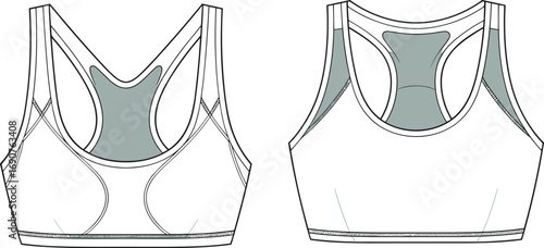 CAD drawing flat vector illustration of women's racerback sports bra, activewear technical sketch, fashion design, workout apparel concept