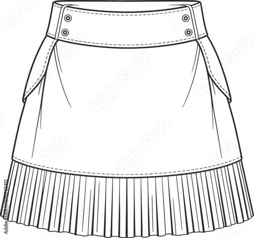 CAD drawing flat vector illustration of women’s pleated mini skirt, high waist design, fashion technical sketch, modern apparel template