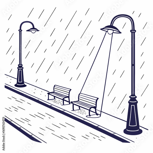 Vector art of rainy day scene with benches and streetlights a serene vector illustration of a quiet moment in the city, perfect for adding a touch of tranquility to your designs