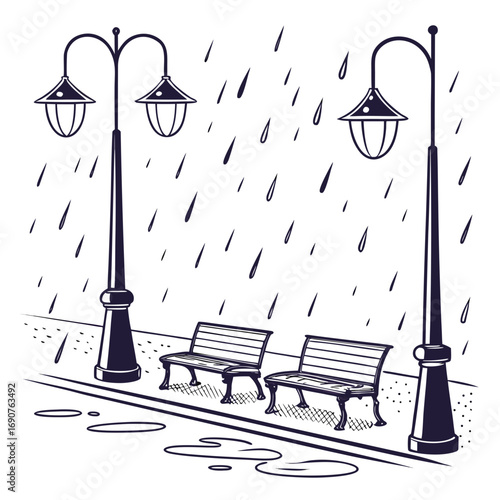 Vector art of rainy day scene with benches and streetlights a serene vector illustration of a quiet moment in the city, perfect for adding a touch of tranquility to designs