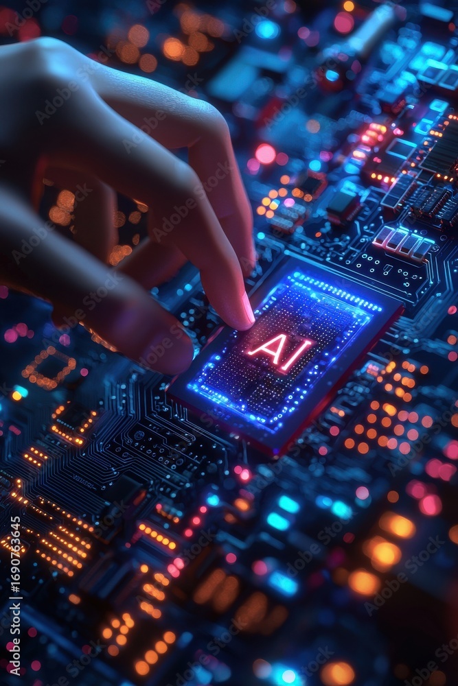 Obraz premium Hand Interacting with Glowing AI Circuitry in Futuristic Digital Setting