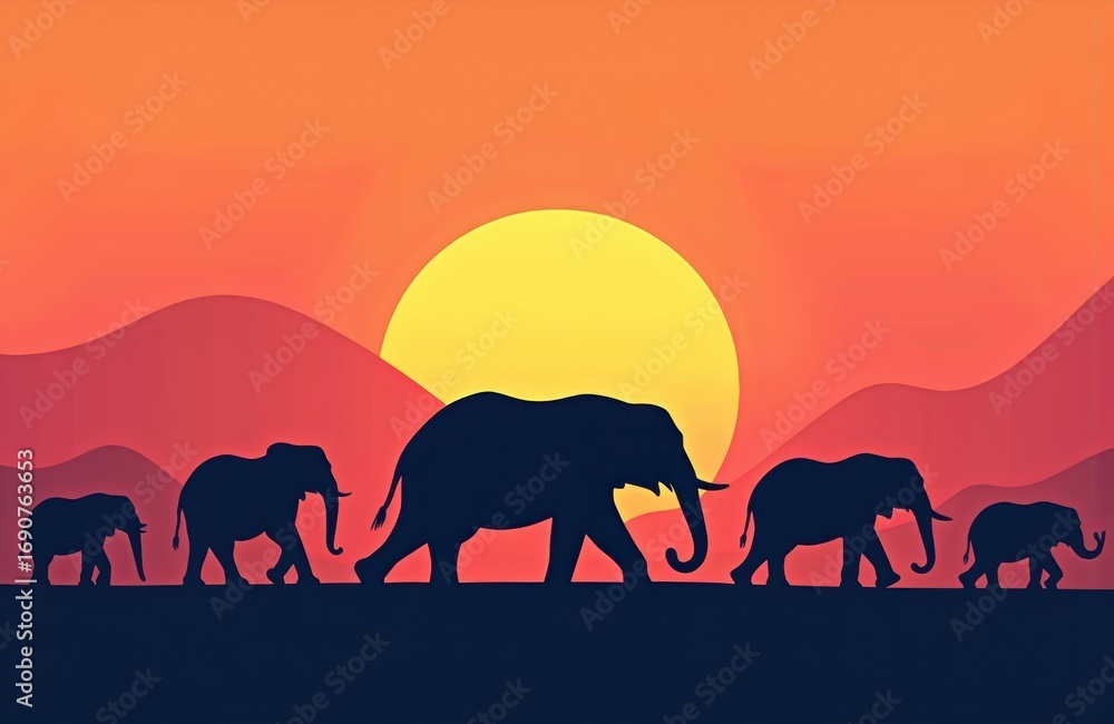 Fototapeta premium Silhouettes of elephants walking at sunset with a large sun and mountain background