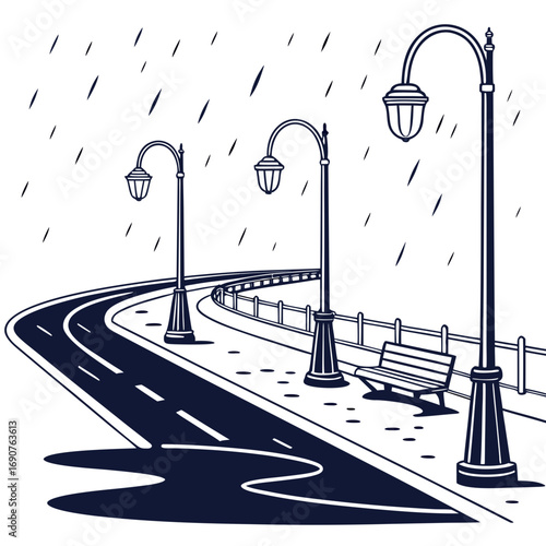 Vector art of rainy day scene with a winding road, streetlights, and a bench, creating a serene and nostalgic atmosphere the monochromatic palette enhances the simplicity