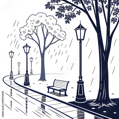 Vector art of rainy day in the park with streetlights and trees, creating a serene and atmospheric scene, the wet pavement reflects the lights and trees