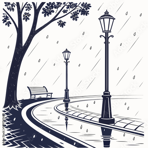 Vector art of rainy day in the park with streetlights and trees, creating a serene and atmospheric scene, the wet pavement reflects the lights and trees