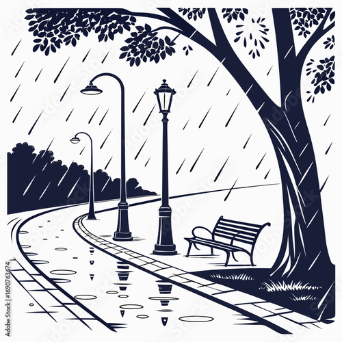 Vector art of rainy day in the park with streetlights and trees, creating a serene and atmospheric scene the wet pavement reflects the lights and trees