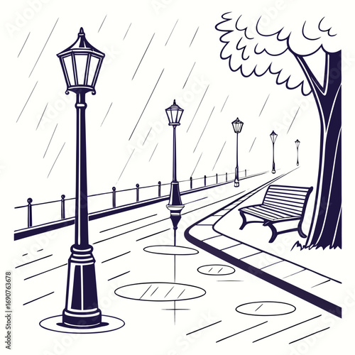Vector art of rainy day in the city park with lampposts and a bench, capturing the serene essence of urban tranquility amidst the gentle patter of raindrops