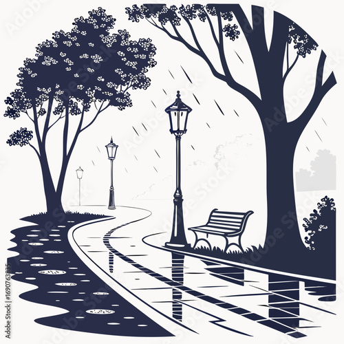 Vector art of rainy day in the park with trees, benches, and streetlights, creating a serene and atmospheric scene the wet pavement reflects the lights