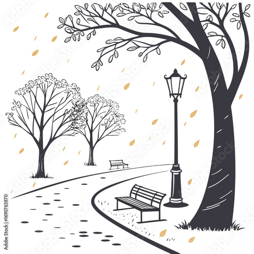 Vector art of autumn park scene with falling leaves, trees, benches, and streetlights, creating a cozy and inviting atmosphere the path winds through the park