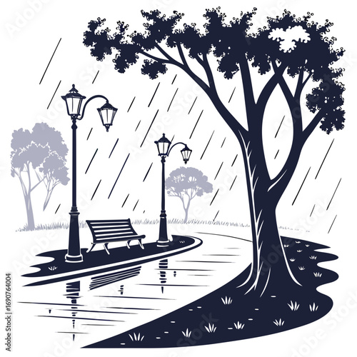 Vector art of a rainy day in the park with a bench, streetlights, and trees, creating a peaceful and reflective scene, perfect for a quiet moment of contemplation